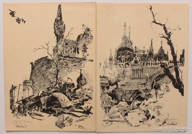 Pfannl Egon: Budapest az ostrom után korabeli képeslap rajz 2 db - postatiszta