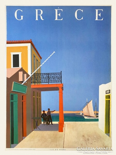 Vintage nyaralási utazási reklám plakát Görögország, modern reprint nyomat, mediterrán város tenger