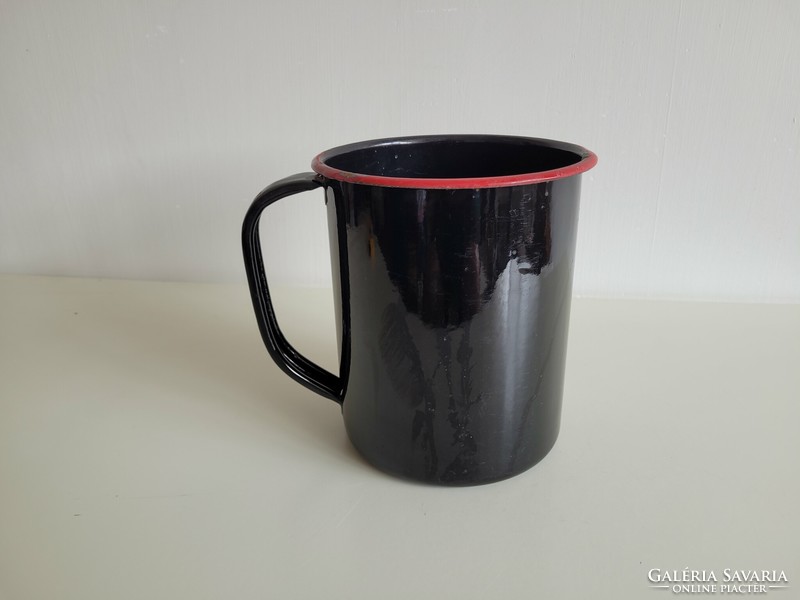 Old enamel large spout black red enameled iron jug 3.5 l