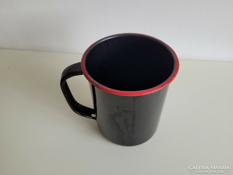 Old enamel large spout black red enameled iron jug 3.5 l
