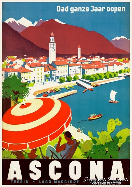 Vintage holiday travel advertising poster lago maggiore ascona switzerland 1934, modern reprint, lakeside