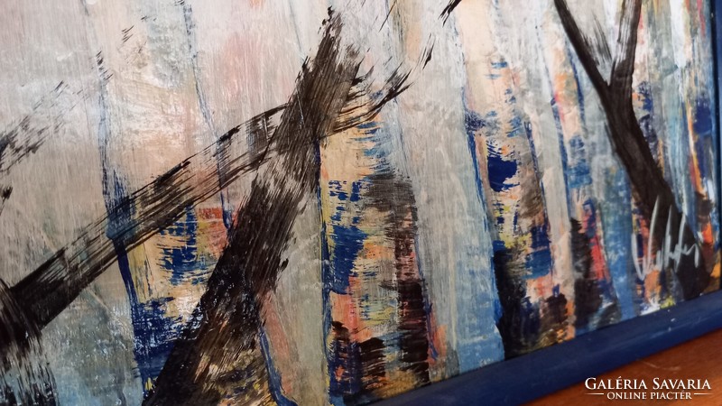 "ERDEI ABSZTRAKT"festmény farostlemezen kék keretben 43 x33 cm