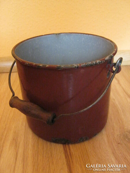 Budafoki enameled wooden jug with handle, old nostalgia piece of farmhouse decoration - damaged