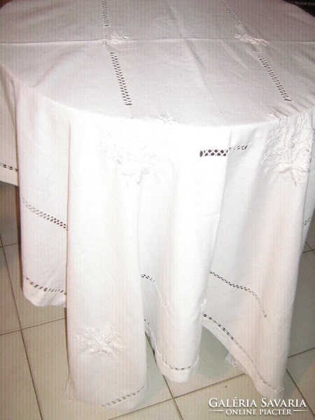 Wonderful elegant hand embroidered azure white tablecloth