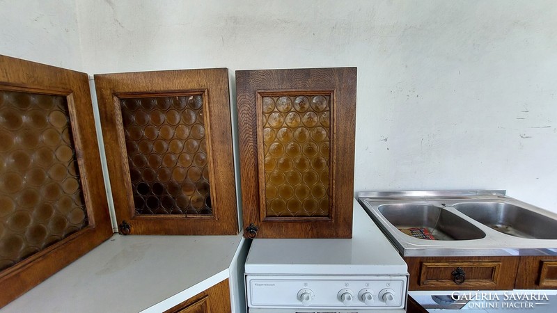 Retro rustic, wood-covered yellow cathedral glass 5-piece kitchen furniture