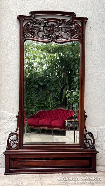 Venetian Art Nouveau antique carved faceted castle mirror