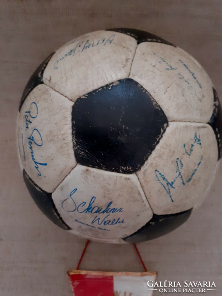 1967/68-Austrian national football ball relic with players' signatures and small flag