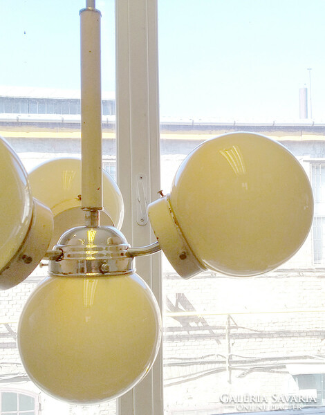 Bauhaus - art deco - streamline 3-arm, 4-burner nickel-plated chandelier renovated - cream-colored spherical shades