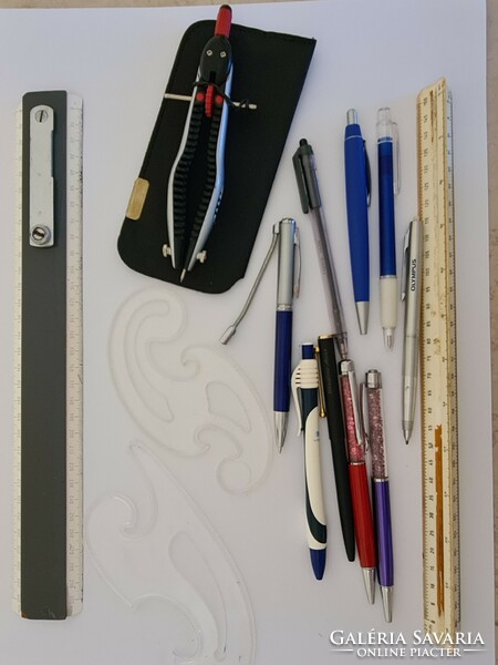 Stationery scale, curved, triangular and straight rulers, circle pens, old package