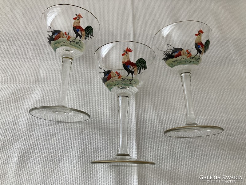 Antique hand-painted rooster-stemmed glasses (3 pcs.)