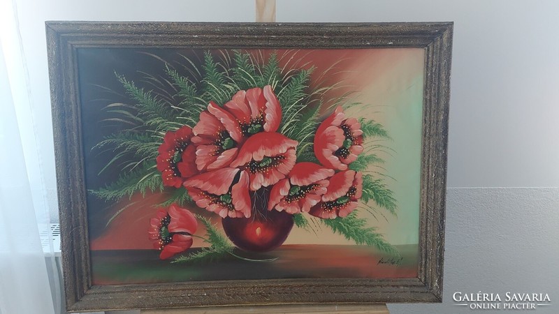 (K) beautiful flower still life painting with poppies 76x56 cm with frame