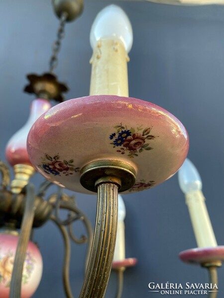 Majolica, majolica antique floral painted chandelier.