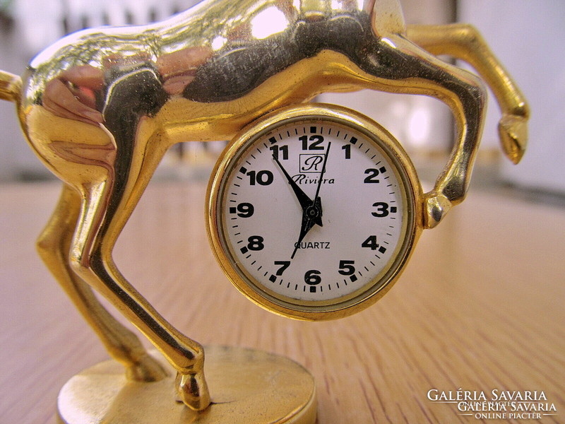 Gilded paripa, horse table clock (Italian, riviera clock mechanism, 7.5cm.)