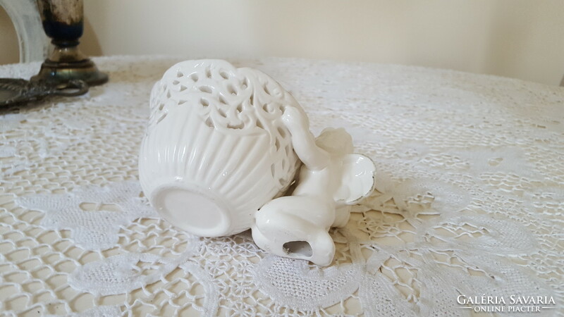 Wonderful openwork, lacy cream white ceramic angel basket, candle holder