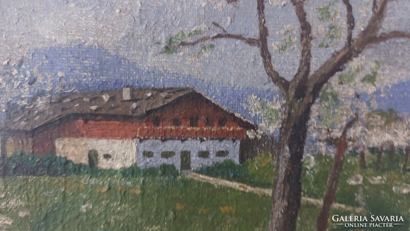 (K) Antik tájkép bárányokkal, házikóval 26x33 cm