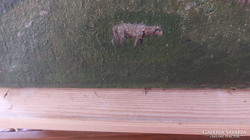(K) Antik tájkép bárányokkal, házikóval 26x33 cm