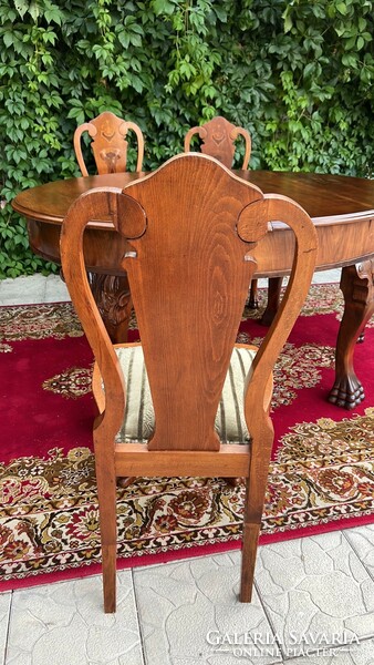 Antik étkező / tárgyaló asztal 4 db kárpitozott támlás székkel