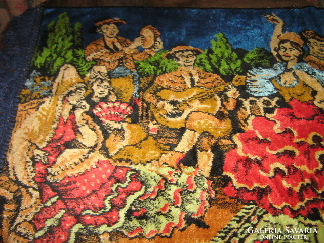 Beautiful antique vintage style scenic Spanish fringed velvet wall hanging / rug