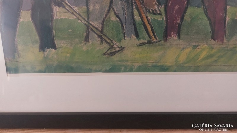 (K) Herpay (Herpai) József vidéki életkép festménye 53x43 cm kerettel