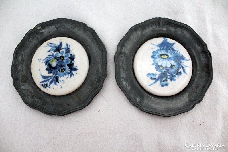 2 wall pewter baby plates with floral porcelain inserts