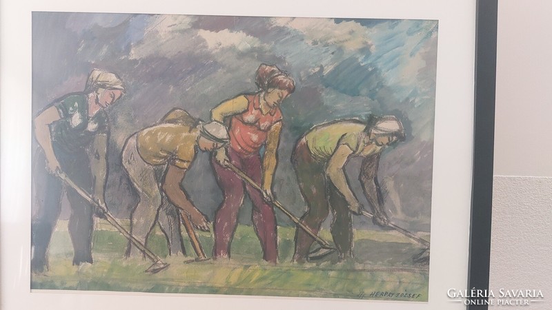 (K) Herpay (Herpai) József vidéki életkép festménye 53x43 cm kerettel