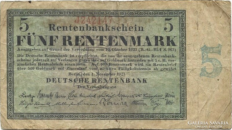 5 Rentenmark 1923 Germany 6 digit serial number very rare.