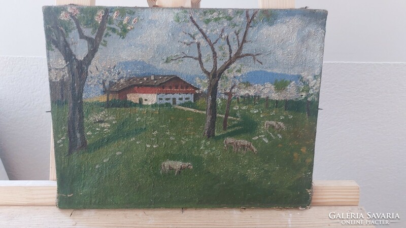 (K) antique landscape with lambs, cottage 26x33 cm