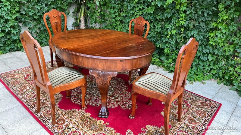 Antique dining / conference table with 4 upholstered chairs