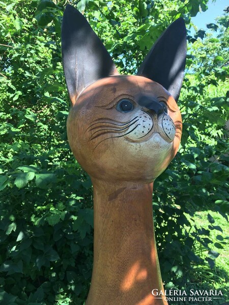 Large, 102 cm high, wooden sculpture depicting a cat