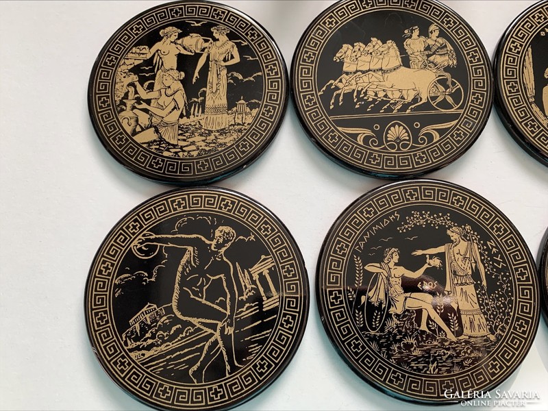 Vintage Greek ceramic cup coaster with mythological scenes, 6 pcs. 8.5 cm.