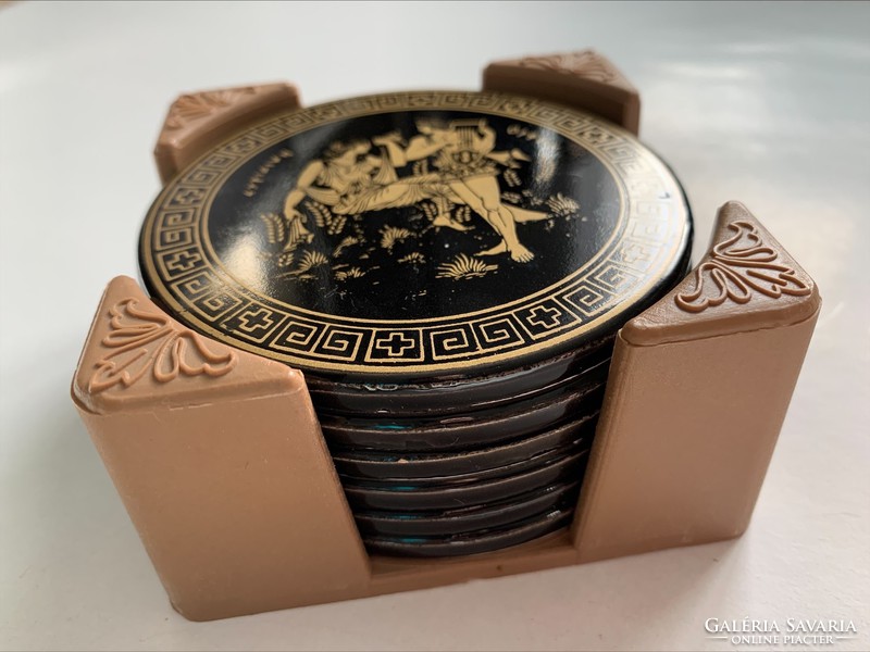 Vintage Greek ceramic cup coaster with mythological scenes, 6 pcs. 8.5 cm.