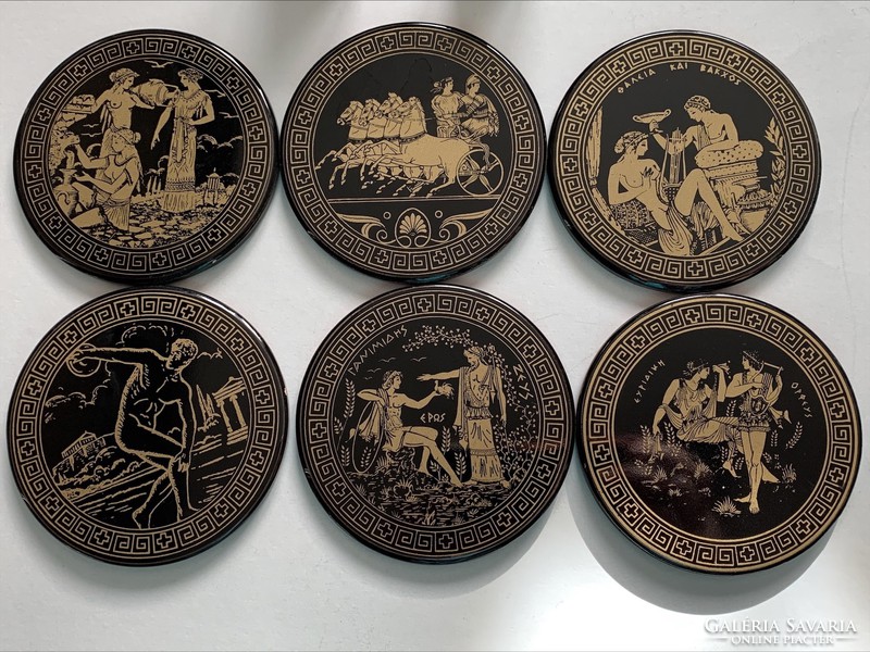 Vintage Greek ceramic cup coaster with mythological scenes, 6 pcs. 8.5 cm.