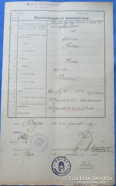 Post-mortem certificate of I. Vh soldier 1917 k u k reserve hospital in baja