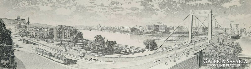 Budapesti látkép (Erzsébet- híd, Lánchíd, Duna, panoráma) - jelzett mini rézkarc