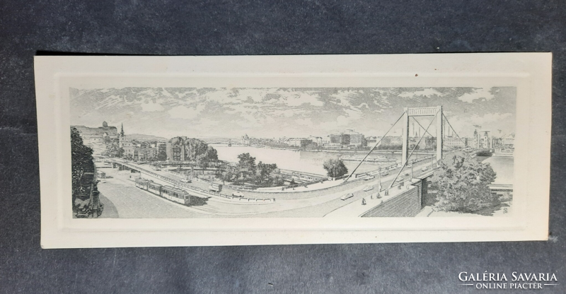 Budapesti látkép (Erzsébet- híd, Lánchíd, Duna, panoráma) - jelzett mini rézkarc