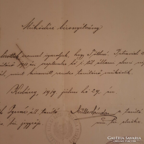 Okleveles tanítónő működési bizonyítványa   Kisláng 1919.