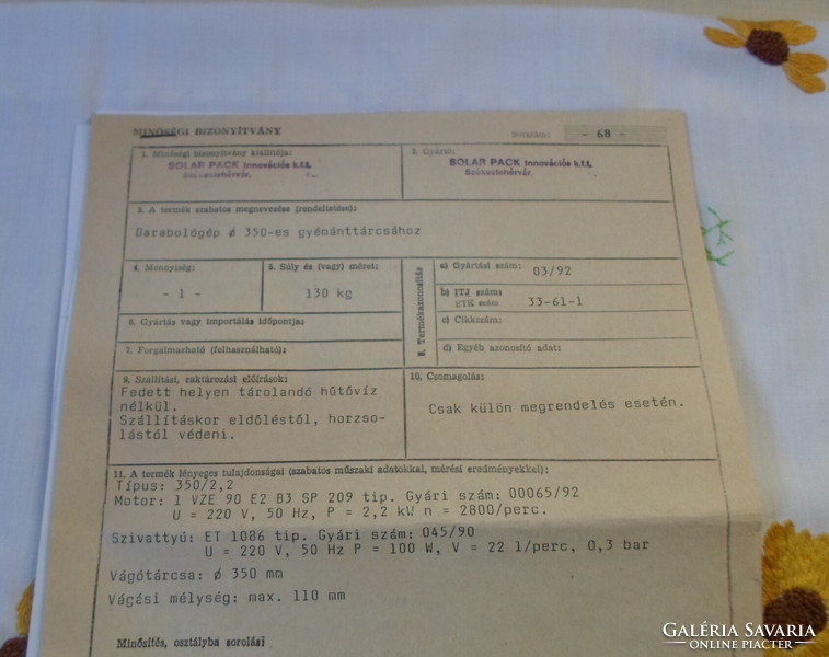 Old, retro document 9.: Diaber table saw machine - manual and quality certificate (1992)