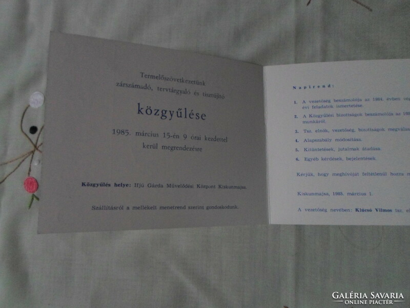 Régi, retro irat 5.: közgyűlési meghívó – Petőfi MgTSZ, Kiskunmajsa (1985. március 15.)