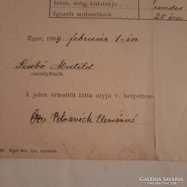 Notice of the rk existing in the Institute of English Misses in Eger. About an archbishop's teacher training student in 1909.