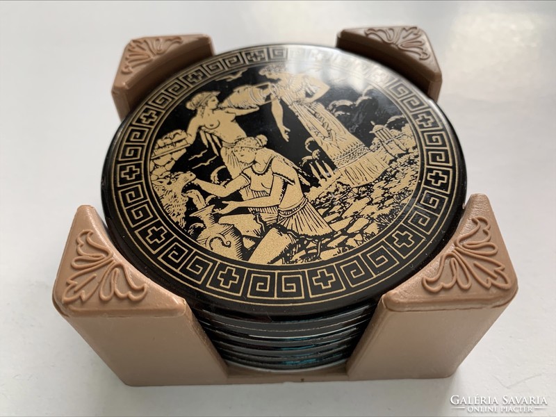 Vintage Greek ceramic cup coaster with mythological scenes, 6 pcs. 8.5 cm.