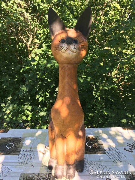 Large, 102 cm high, wooden sculpture depicting a cat