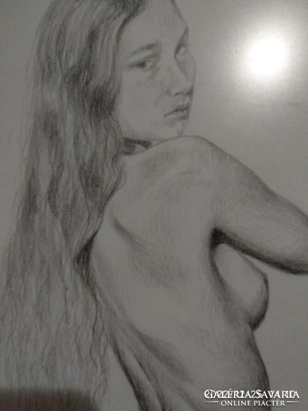 Female nude, standing half nude, young girl marked pencil drawing, graphics, graphite drawing, nude picture