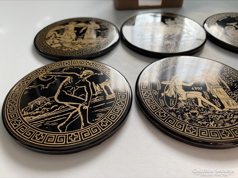 Vintage Greek ceramic cup coaster with mythological scenes, 6 pcs. 8.5 cm.