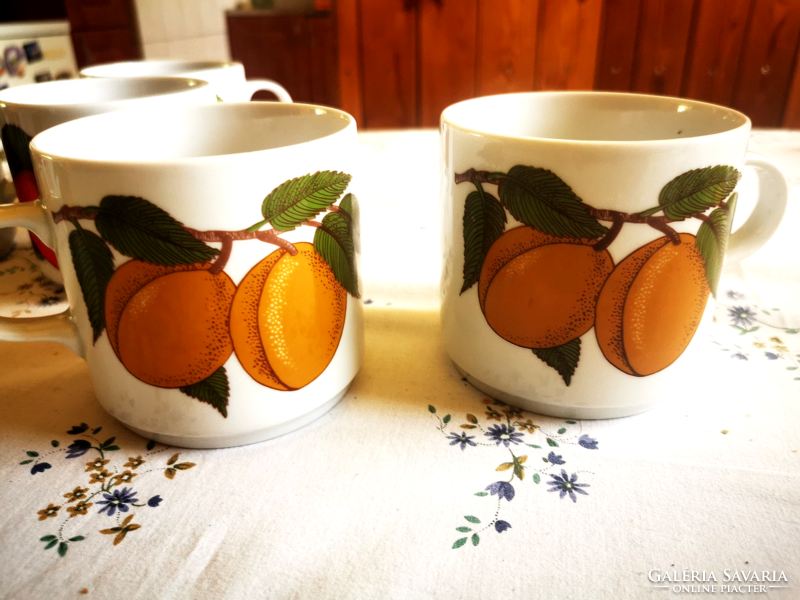 6 Alföld porcelain in-house factory mugs with fruit patterns, grape, peach, apple pattern
