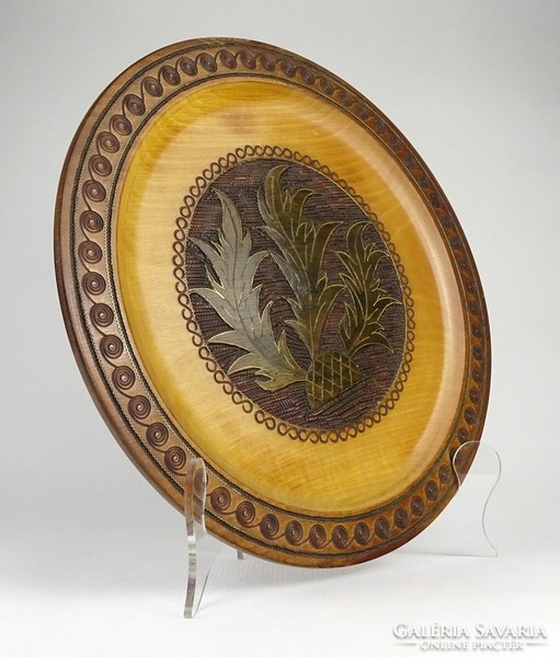 1N535 burnt decorated copper inlaid nettle wooden bowl 30.5 Cm