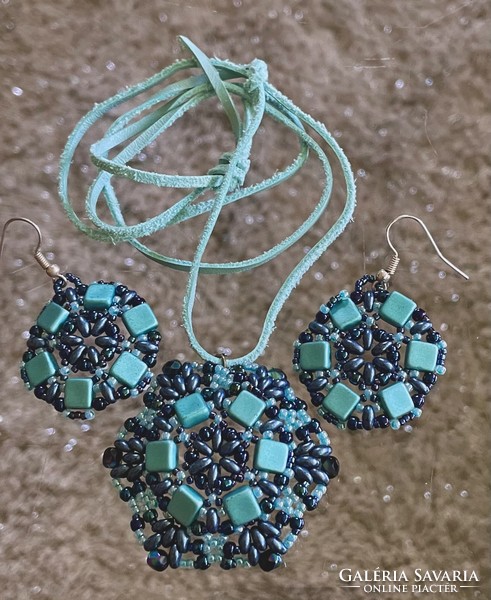 Turquoise and hematite pearl pendant and earring jewelry set on split leather thread