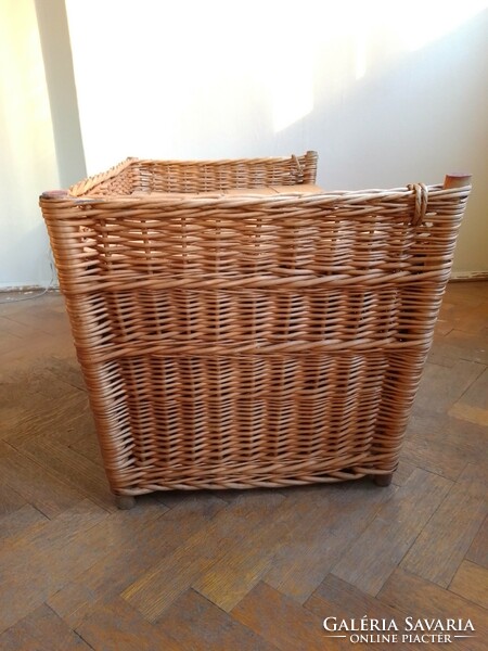 Large old hand-woven cane chest, basket, storage with wooden lid, divided space