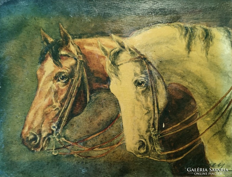 Antique horse couple portrait. Signed watercolor painting.