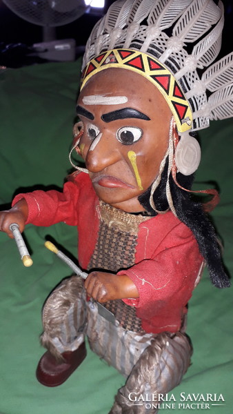 Vintage metal plate sheet goods and plastic figure sitting drummer indian joe toy 30 cm according to the pictures