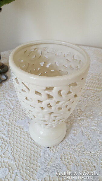 Wonderful openwork, lacy cream white ceramic vase, pot holder